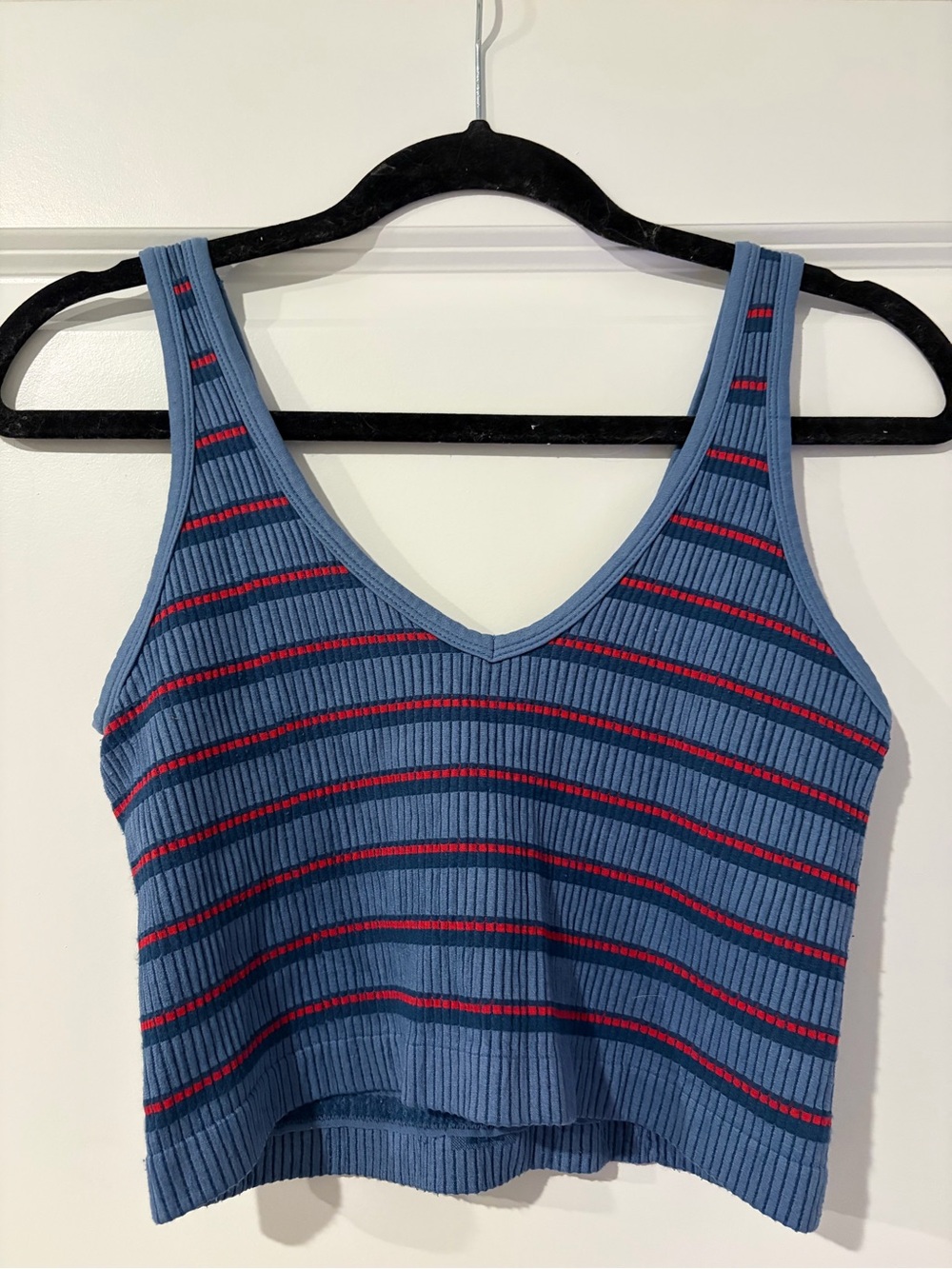 Urban Outfitters Blue Ribbed V-Neck Crop Tank with Red Stripes